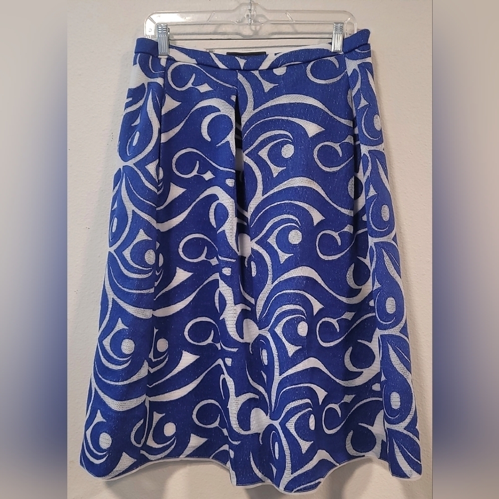 BCBGMaxAzria Jezebel Blue and White Pleated A-Line Midi Skirt Sz 10